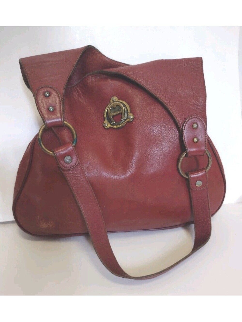Vintage 1970s Womens Aigner Leather Hobo Shoulder Bag Oxblood Equestrian Boho